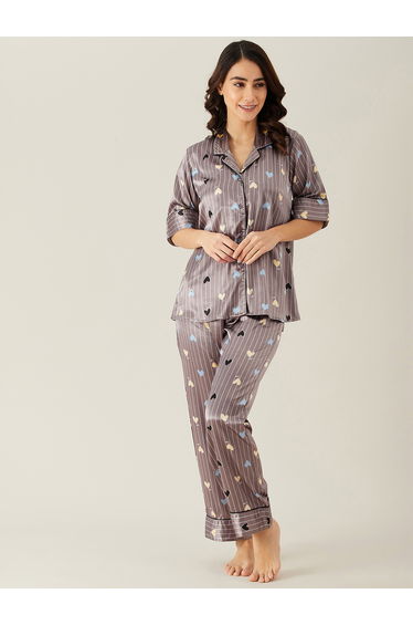 Brown Heart Print Satin Shirt and Pyjama Set