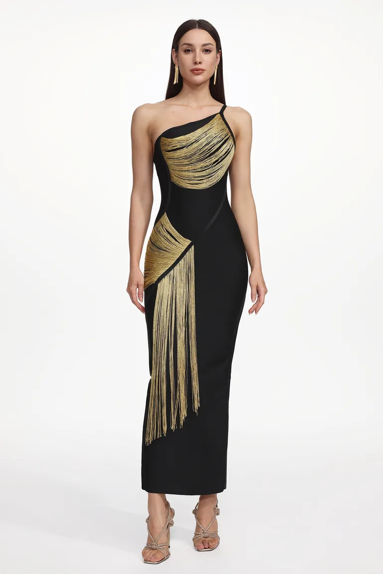 Roanna One Shoulder Sleeveless Golden Tassels Bandage Maxi Dress Bella Barnett Gold : Premium Dresses : VogaCloset Oman Roanna One Shoulder Sleeveless Golden Tassels Bandage Maxi Dress Bella Barnett Gold : Premium Dresses : VogaCloset Oman