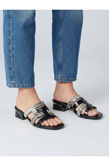 Women Black Snake Skin Print Block Heel Sandals