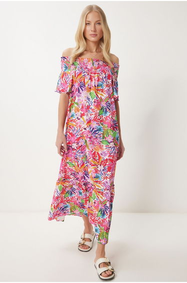 Women Dark Pink Carmen Collar Floral Summer Knitted Dress