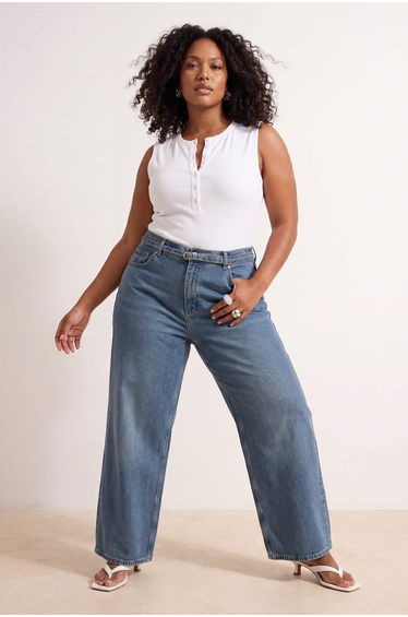 Blue Belt Pack Elastic High Waist Wide Leg 100% Cotton Jeans