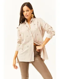 Women's Beige Collar and Stone Six Oval Woven Shirt - 1