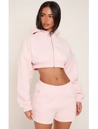Petite Baby Pink Extreme Cropped Zip Up Hoodie