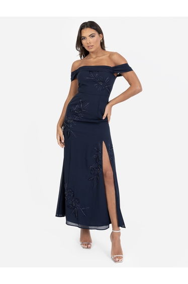 Maya Navy Floral Embroidered Bardot Maxi Dress with Skirt Split