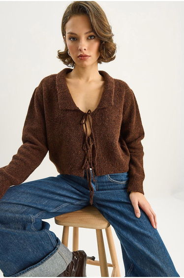 Women's Collared Knit Cardigan with Tie Detail - Dark Brown