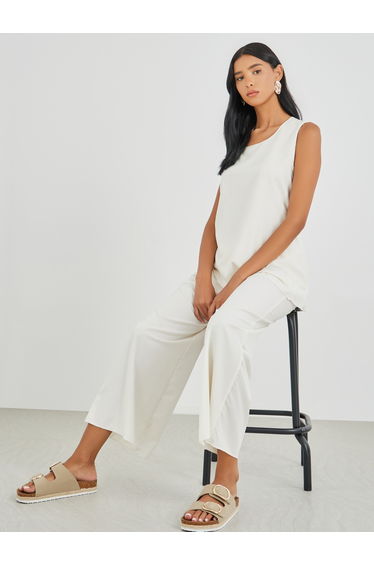 Solid Sleeveless Longline Top with Straight Leg Pants Co-Ords