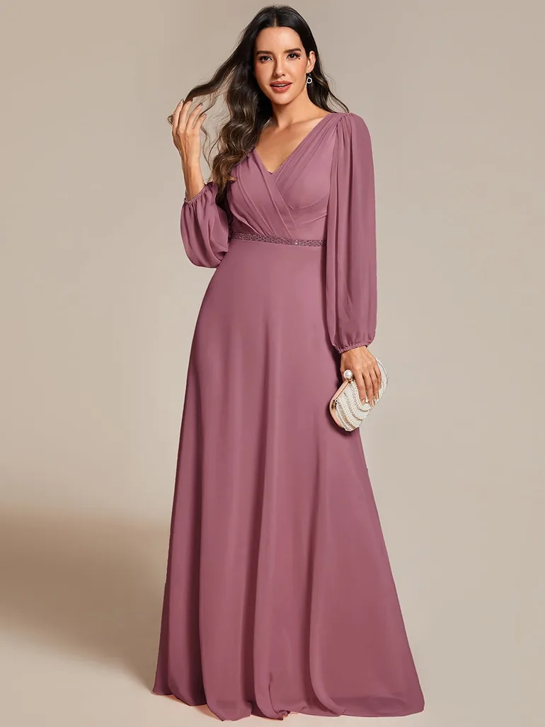 ever ESMÉE|Pleated Double V-Neck Long Sleeves Shiny Belt Chiffon Evening Dress - 2
