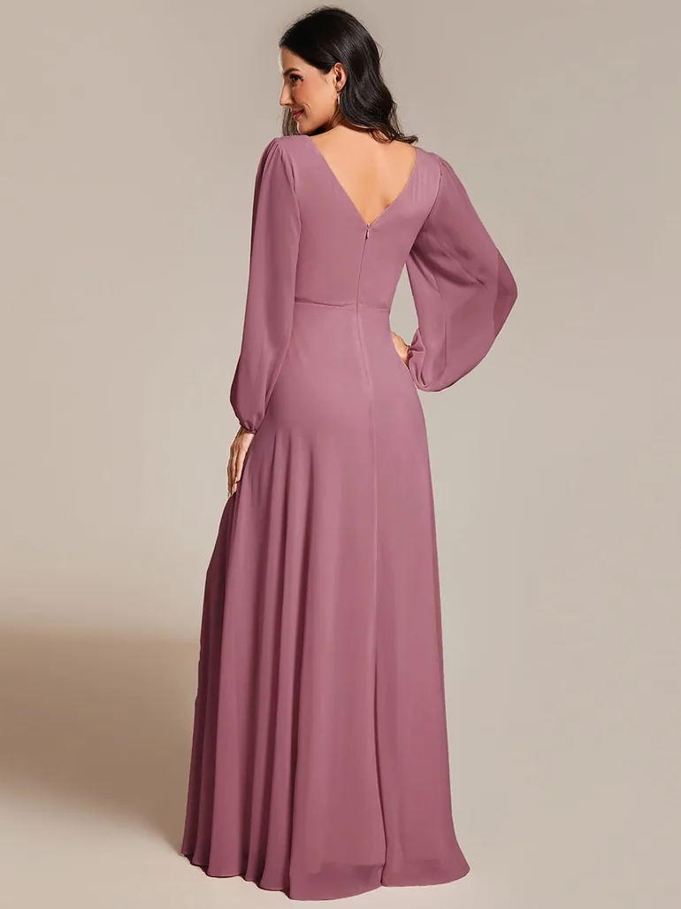 ever ESMÉE|Pleated Double V-Neck Long Sleeves Shiny Belt Chiffon Evening Dress - 1