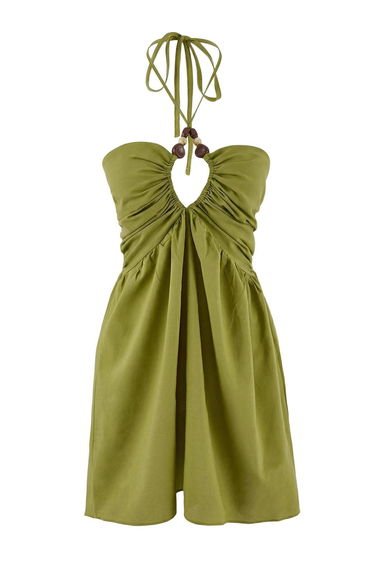 Oil Green Halter Neck Accessory Detailed 100% Cotton Mini Beach Dress