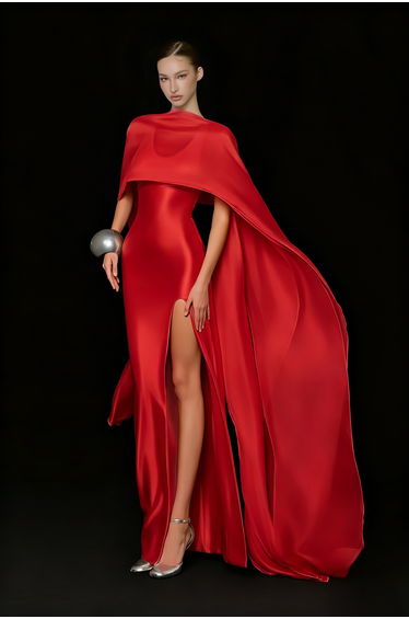 Rosana Red Tiered Cape Maxi Dress with High Slit