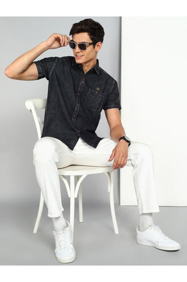 Men Black Denim Short Sleeve Shirt