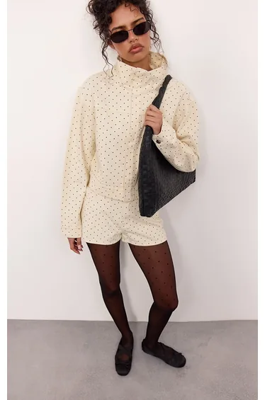 Cream Polka Dot Funnel Neck Cropped Denim Jacket