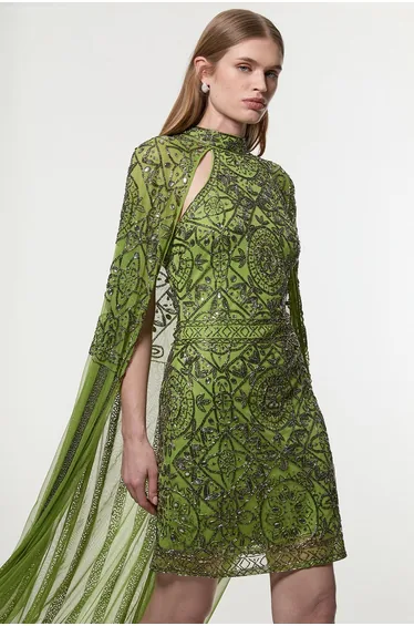 Petite Premium Beading And Embellished Cape Detail Woven Mini Dress