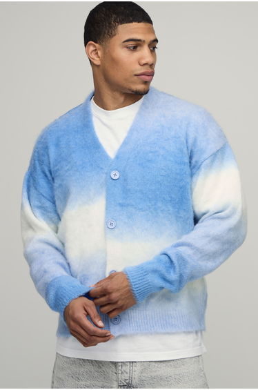 Relaxed Boxy Ombre Knitted Cardigan - blue