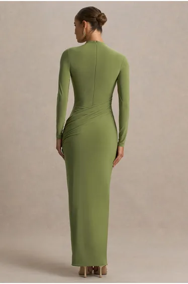 Zephyra | Olive High-Neck Wrapped Maxi Dress
