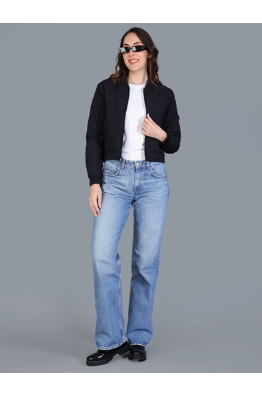 Women Black Crop Bomber Jacket