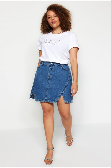 Blue Double Slit Denim Skirt