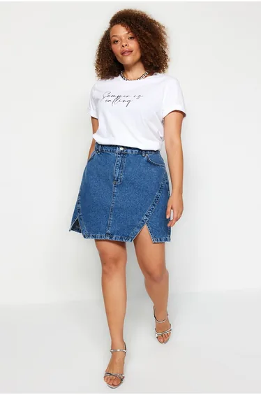 Blue Double Slit Denim Skirt