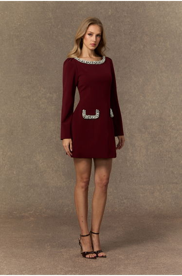 Eloquent Drama Burgundy Crystal Embellished Mini Dress