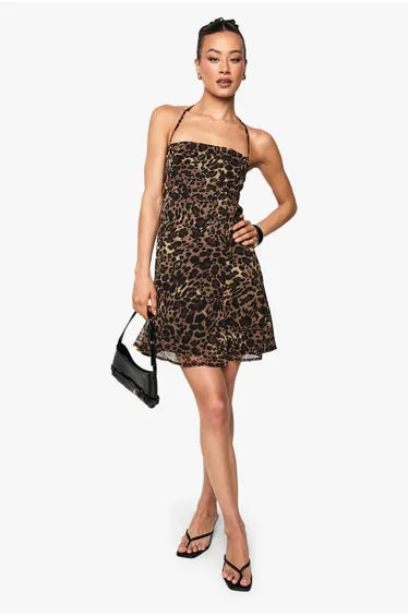 Tall Leopard Print Chiffon Strappy Square Neck Smock Mini Dress - brown