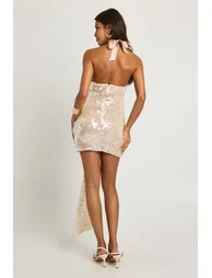 Halterneck Sequin Wrap Front Mini Dress - nude - 1