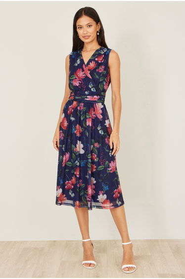 Yumi Navy Blurred Floral Print Mesh Stretch Midi Dress With Pockets