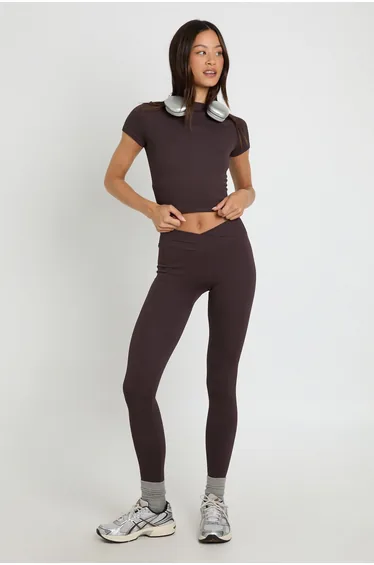 Tall Contour Ribbed Wrap Waist Seamless Leggings - chocolate