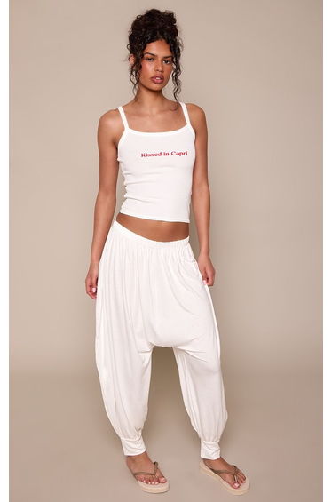 Cream Cropped Balloon Jersey Trousers