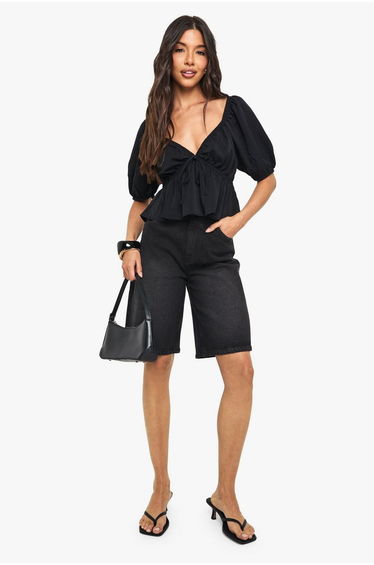 Woven Puff Sleeve Smock Top - black