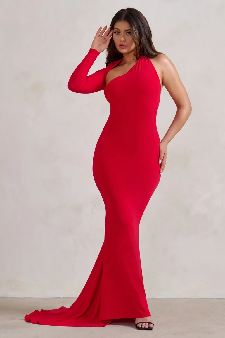 Katarina | Red One Shoulder Fishtail Maxi Dress - 3