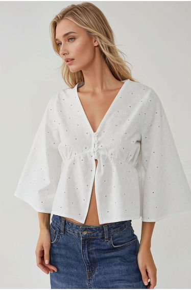 Textured Tie-up V-Neck Crop Blouse