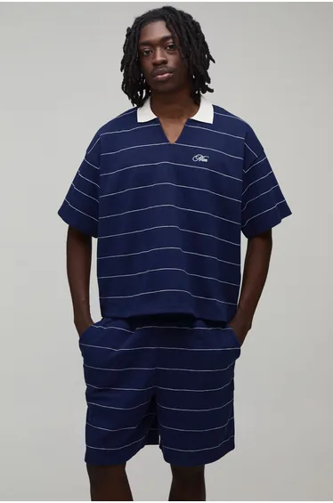 Oversized Boxy Pique Striped Polo & Relaxed Short Set - navy