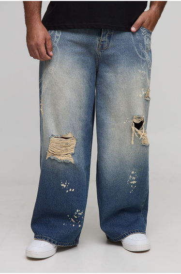 Plus Chain Printed Ripped Baggy Fit Jeans - vintage blue