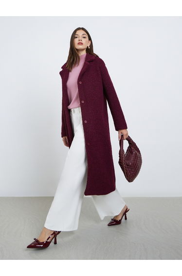 Burgundy Button-Down Midi Wool Coat