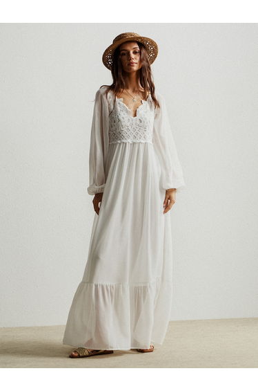Women White Lace Detail Balloon Sleeve Maxi Dress
