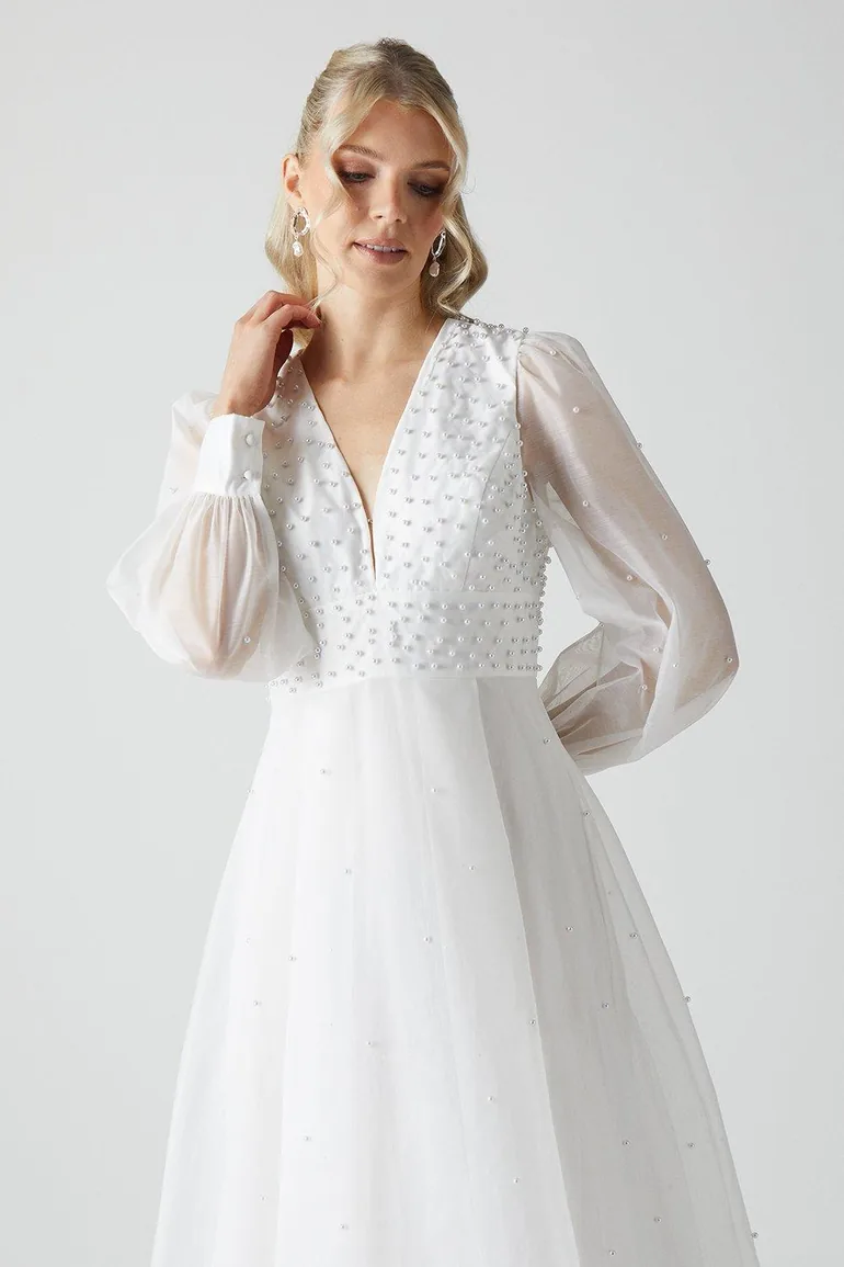 Embellished Pearl Organza Blouson Sleeve Wedding Dress - 1