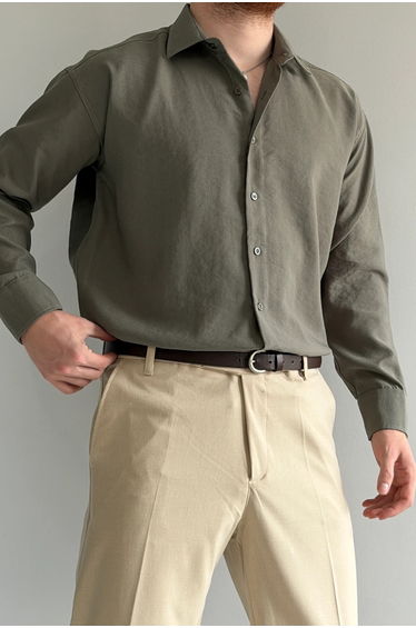 Khaki regular fit modal textured seasonal men's shirt