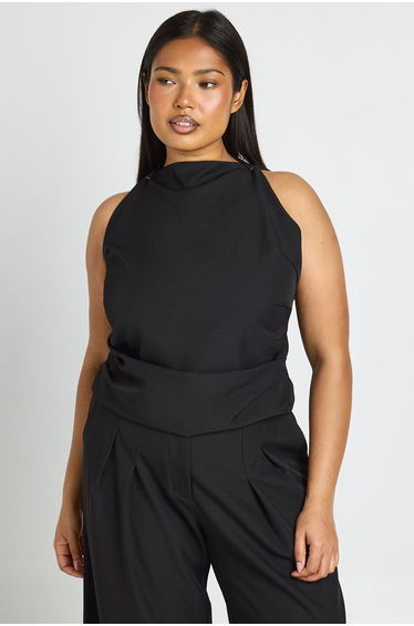 Plus Strap Detail Pleated Tailored Top - black