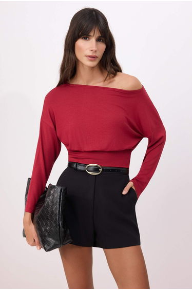 Red Fitted/Bodycon Boat Neck Long Sleeve Soft Knitted Blouse