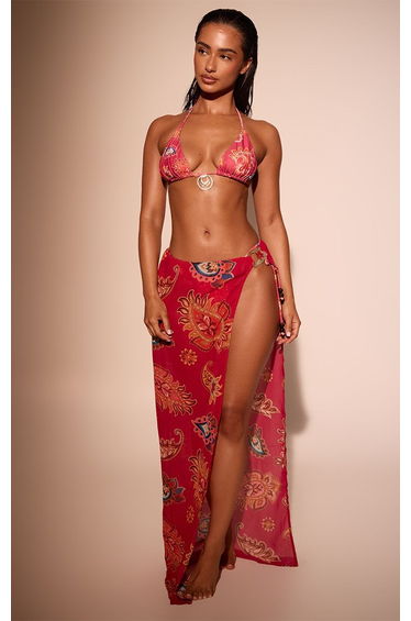 Hot Pink Paisley Print Split Leg Beach Maxi Skirt