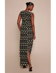 فستان ماكسي شيفون مزموم بطبعة أزهار - أسود - 1