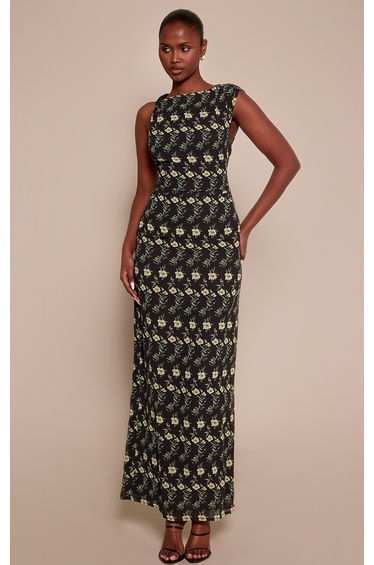 Black Floral Printed Floral Chiffon Ruched Maxi Dress