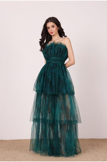 Natalia Tulle Maxi Dress in Jade Green Floral