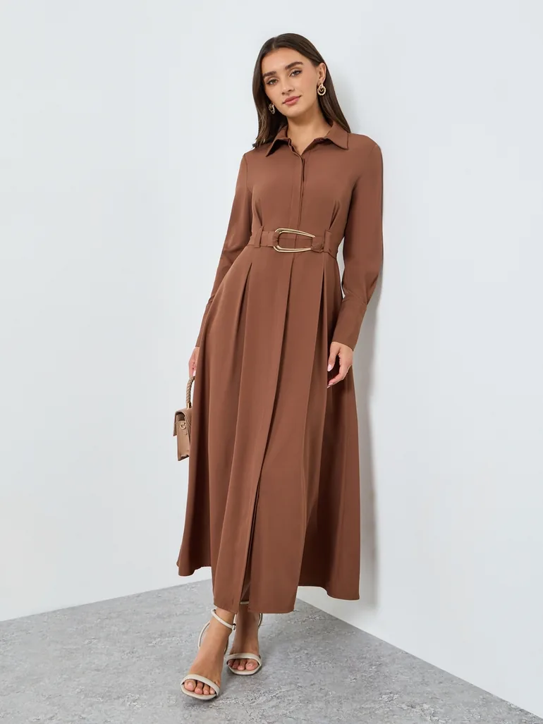brown belted midi dress Long Sleeve Button Front Belted Midi Dress Brown / S