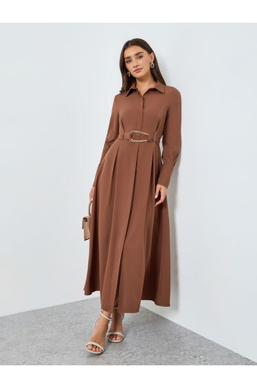 Women Brown Belted A-Line Midi Dress