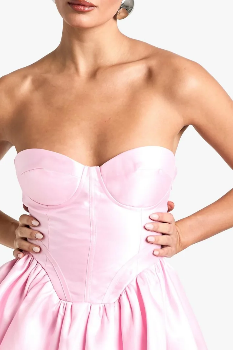 pink corset skater dress Sheer Drape Sweetheart Glitter Mesh Corset Pleated Skater Dress