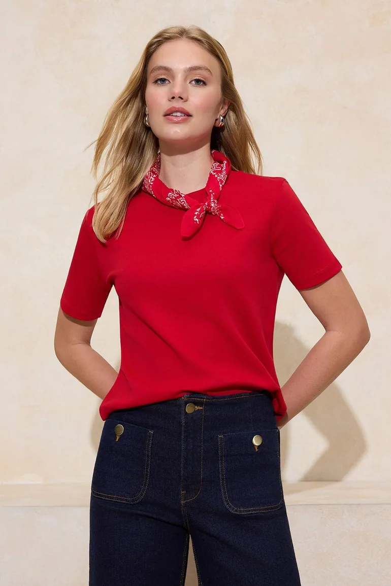 Red Thick Cotton Tok Fabric Crew Neck Short Sleeve Regular Cut Knitted T-Shirt - 3