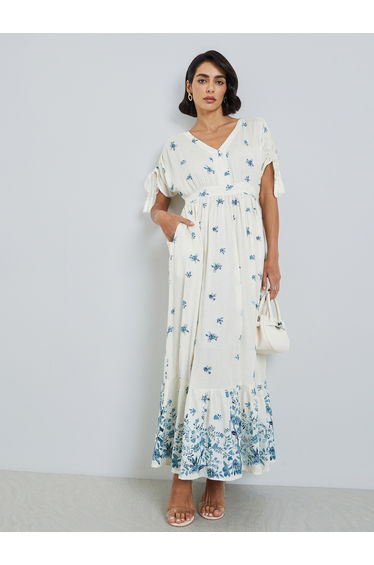 Women Floral Print Lace Up Sleeves A-Line Maxi Dress