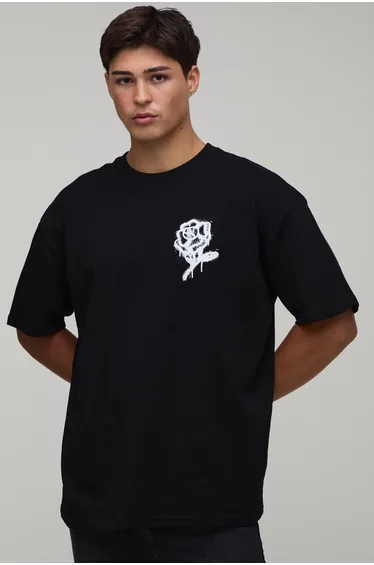 Black Oversized Graffiti Floral Print T-Shirt - black