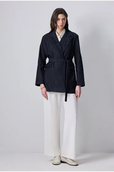 STRIPED BELT DENIM JACKET